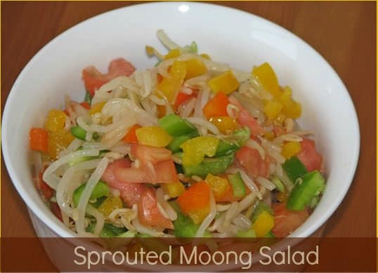 Sprouted moong salad is very healthy and nutritious. Whole moong dal/yellow lentil is a good source of vitamins like Vit K, Vit C, Iron, Vit B, and protein. Sprouted moong salad can be eaten as a snack or breakfast. This is also a great post-workout snack.