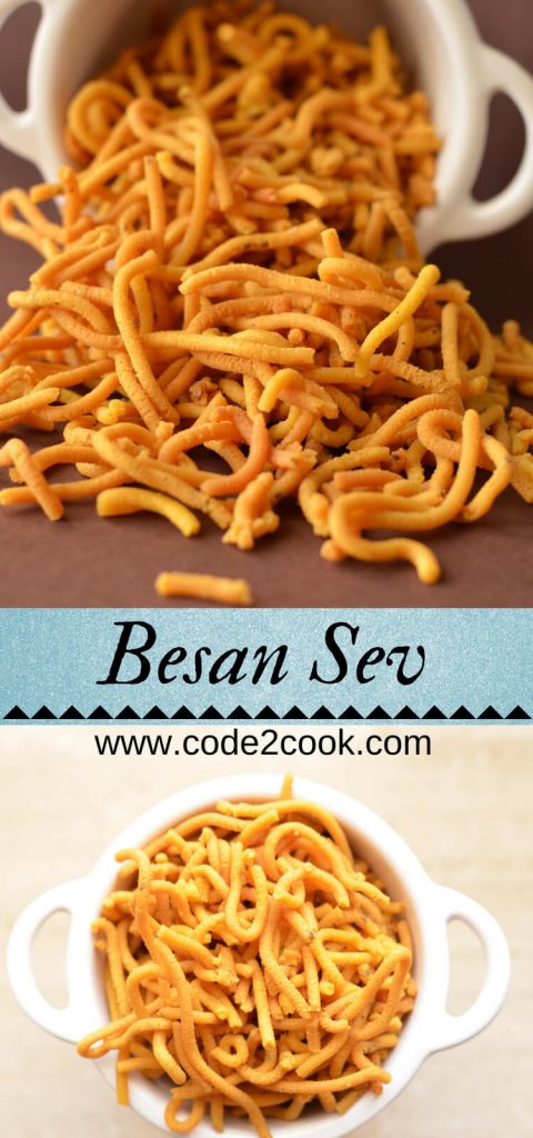 Besan sev is a very famous snack prepared in every household kitchen in India. It is a blend of besan or gram flour and a few spices, which is deep-fried. They are crisp and savory in taste and a great tea time snack. This snack is made during Holi or Diwali, though you can cook throughout the year