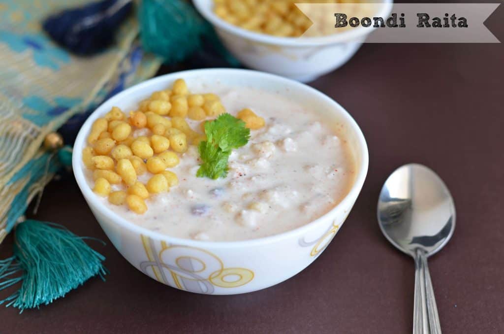 Boondi raita or boondi in curd is very easy to make and a default raita in North Indian kitchen. Having only two ingredients curd & boondi this raita goes very well with biryani or any rice dish. At the same time, it is also a great accompaniment with stuffed parathas.