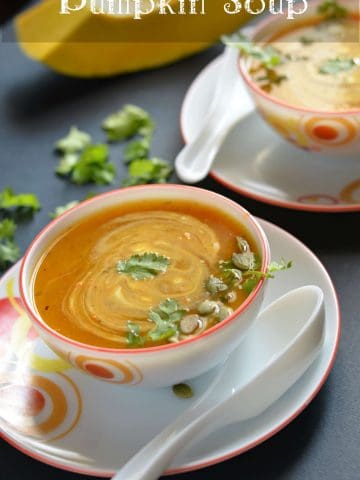 Pumpkin soup or kaddu ka soup is a thick creamy soup and very deliicous.It is savory, simple, healthy and nutritious soup in cold winters.