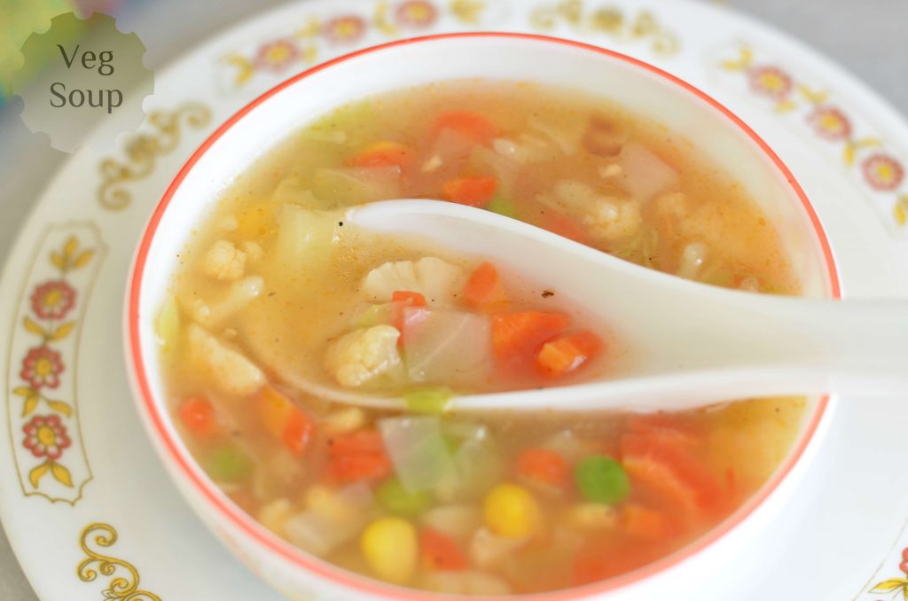 Corn veg soup is delicious with crunchy vegetables and aroma of garlic and giner. A dash of pepper powder makes it little spicy but overall is lip smacking soup.
