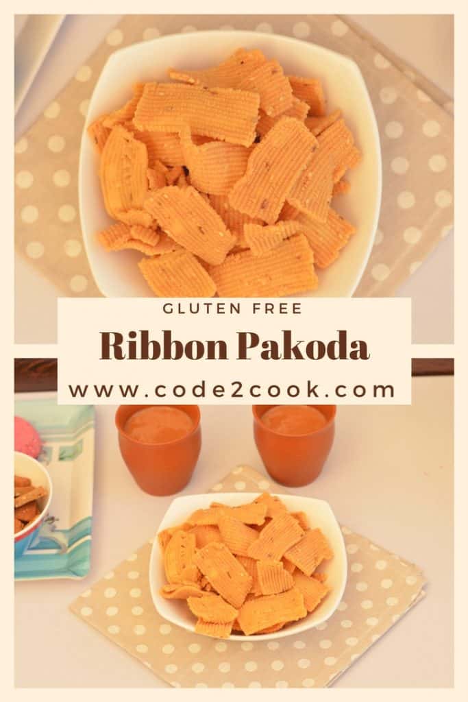 Ribbon Pakoda is very easy and quick snack to prepare at home. It is perfect for any festival time or just make them and enjoy your cup of tea. Ribbon Pakoda known by this name as it resembles to ribbon. This snack is deep-fried and made with gram flour and rice flour. Which makes ribbon pakoda gluten free as well. www.code2cook.com