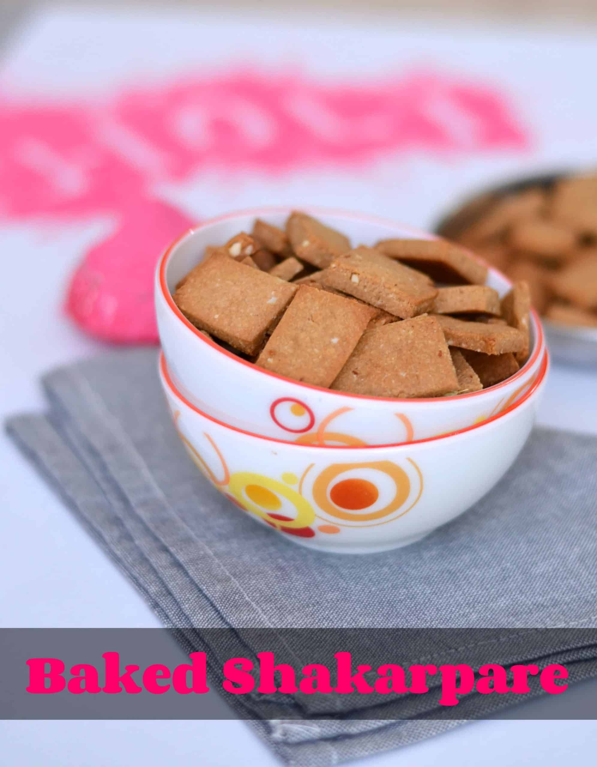 Baked Shakarpara is a sweet wholewheat biscuit which is prepared specially on Holi festival in India. Traditionally sweet shakarpara recipe uses refined flour, and they are deep fried. As the name says, baked shakarpara is the healthy version using whole wheat flour and no deep frying required.