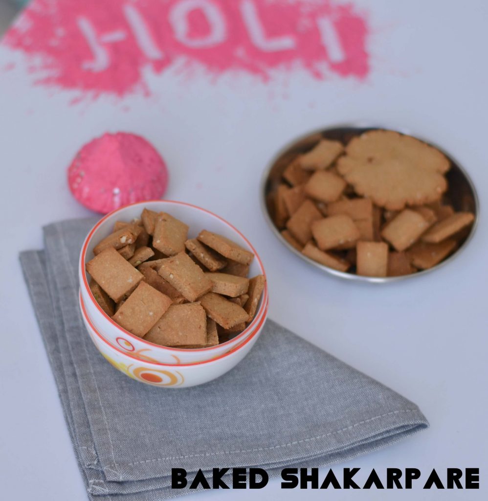 Baked Shakarpara is a sweet wholewheat biscuit which is prepared specially on Holi festival in India. Traditionally sweet shakarpara recipe uses refined flour, and they are deep fried. As the name says, baked shakarpara is the healthy version using whole wheat flour and no deep frying required. 