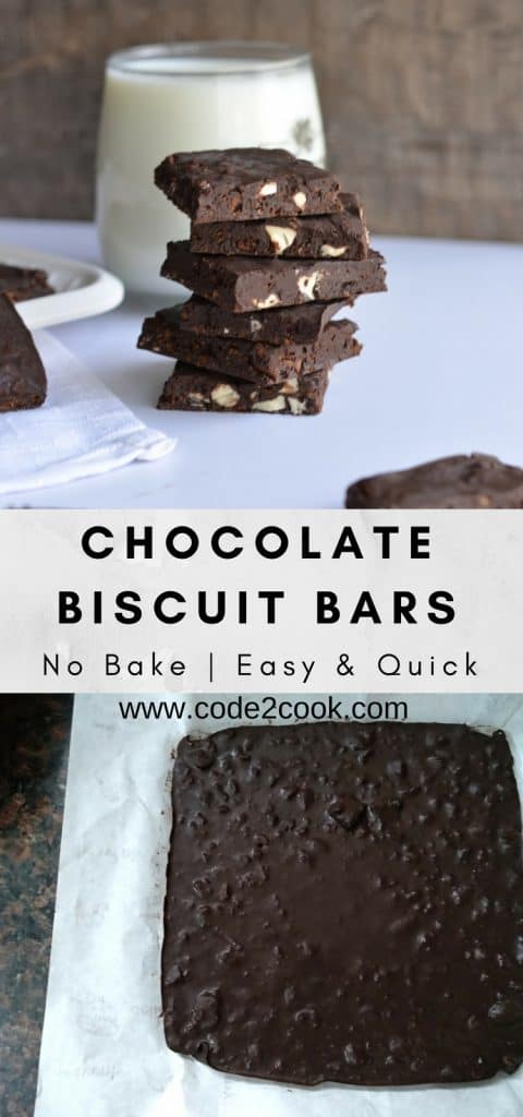 Today I am sharing yet another no-bake recipe Chocolate biscuit bars. Chocolate biscuit bars are made with leftover Brittania bourbon biscuit, nuts, and chocolate. Very easy to make, just whisking all ingredients and set the mixture in the fridge for few minutes. These no-bake chocolate biscuit bars made their way to my kid's tummy in just a few minutes. www.code2cook.com