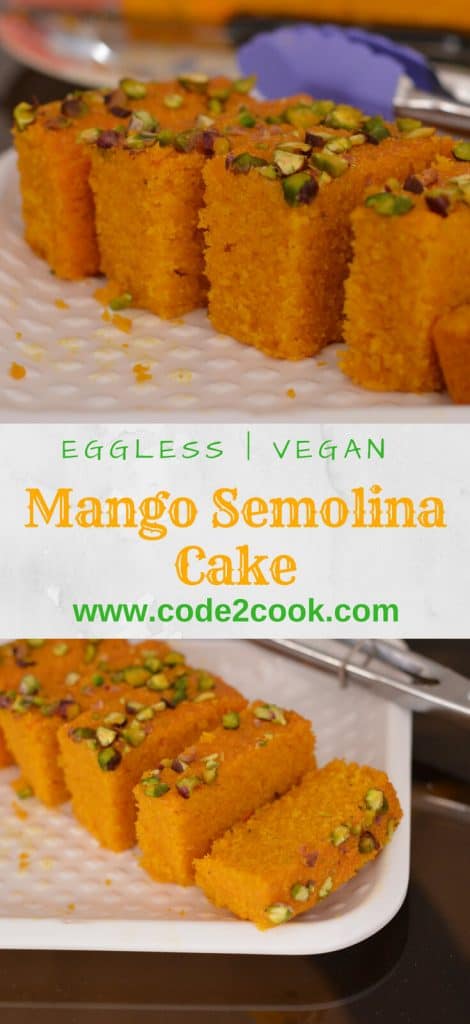 Eggless mango semolina cake is super easy to prepare.  This cake is moist, dense in texture and so aromatic with its delicious mango flavor. Mango pulp folded with semolina, cardamom, and few handful nuts gives you chewy experience with every bite.  A perfect cake to bake in mango season and you can never go wrong with it.