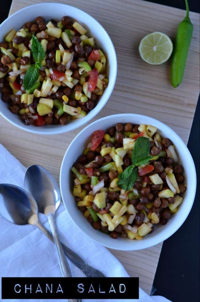This healthy and colorful kala chana salad or black chickpea salad is full of many flavors one can think of. It is a meal in itself with loaded nutrients. Having tangy raw mango pieces, crunchy veggies, and spicy chili gives a yummy taste altogether in this salad recipe. Kala chana salad is full of protein, glutenfree, healthy and colorful to eat. You can add paneer or tofu also to make it more nutritious otherwise this salad goes in the vegan category too.