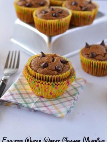 These eggless whole wheat orange muffins are citrus flavored, soft and spongy. Few choco chips sprinkled on top makes them taste awesome with chocolate.