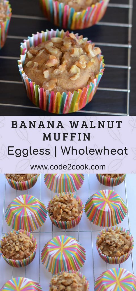 These banana muffins are made of whole wheat flour and eggless. Soft and moist, few melted choco chips inside and outside you can hear crunchy walnuts sound. Eggless whole wheat banana walnut muffin is very easy and gets ready in just 20 minutes.