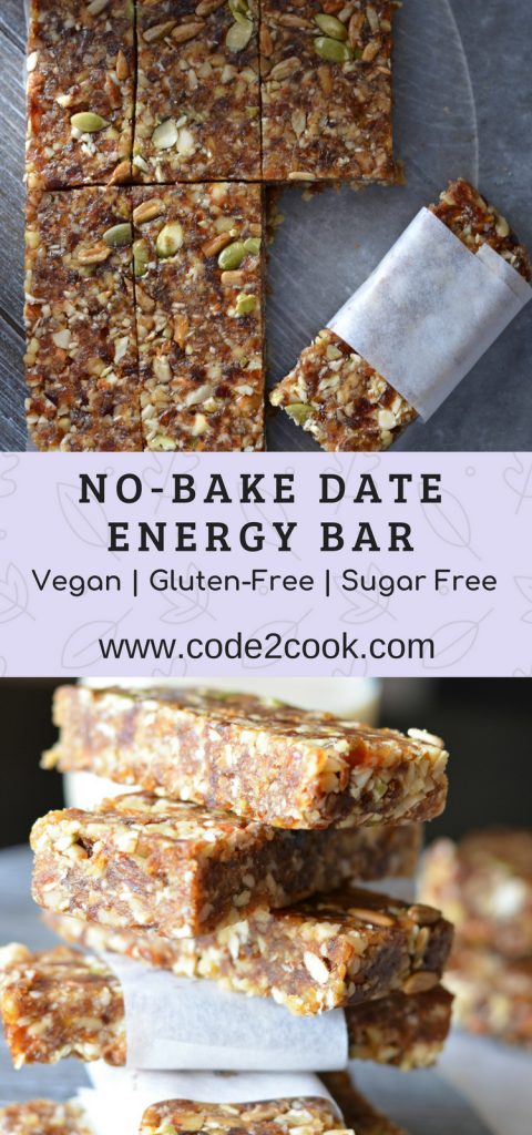 These no-bake date energy bar are loaded with natural ingredients like dates, walnut, almonds, and nuts like pumpkin seeds and sunflower seeds