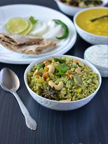 Pudina pulao or mint rice recipe is a simple way to use leftover rice. This pudina pulao can be served either in lunch or dinner time accompanied with raita.