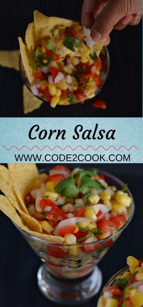 This corn salsa is quite easy to make, combining sweet corn, chopped tomato, onion, serrano chili, cilantro and a dash of lime juice. This is a perfect recipe for nachos or adds on in a burrito bowl. Even it is a kind of salad which will go perfectly for snack time or with your rice recipes.
