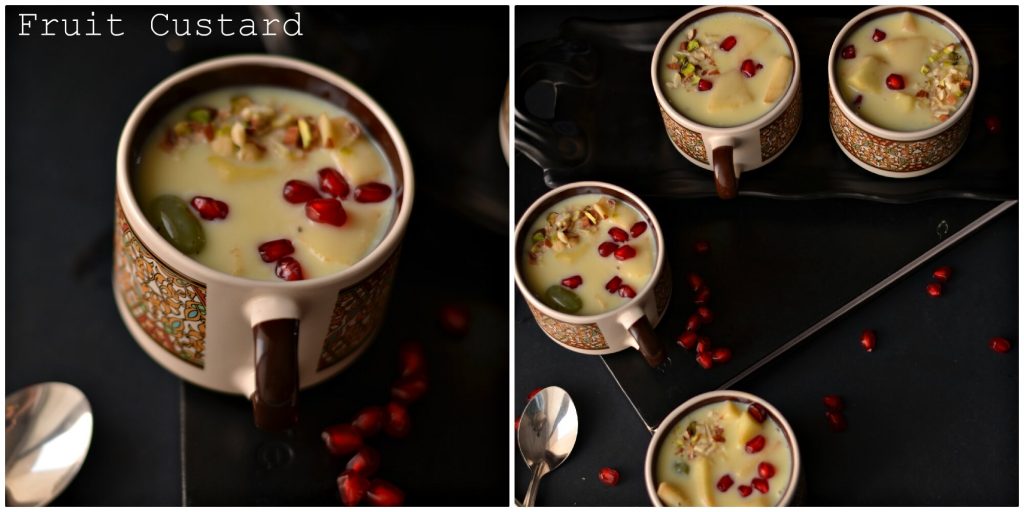 Fruit custard is a dessert prepared with custard sauce and adding fresh sweet taste fruits. This is the simplest dessert which is tasty, creamy and gets ready in just a few minutes. Fruit custard is also known as fruit salad with custard, loved by all age groups and a perfect dessert for the party.