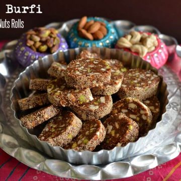 Khajur burfi or dates rolls are filled with dry fruits which are soft in texture and chewy in nature.Dates n nuts rolls can be made for any festive occasions like Diwali Holi Eid or any time during the year