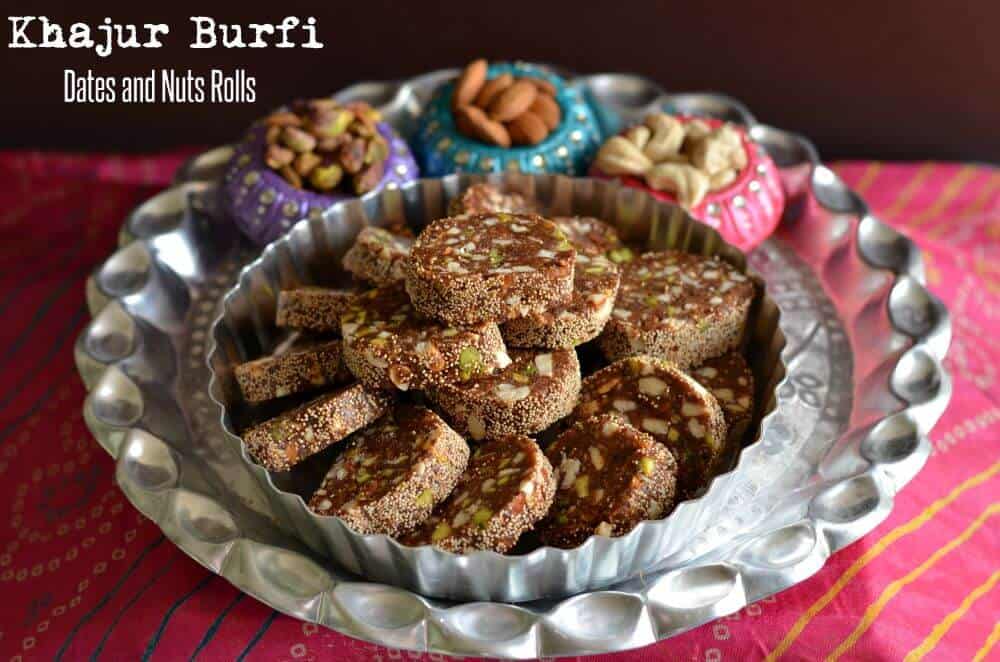 Khajur burfi or dates rolls are filled with dry fruits which are soft in texture and chewy in nature.Dates n nuts rolls can be made for any festive occasions like Diwali Holi Eid or any time during the year