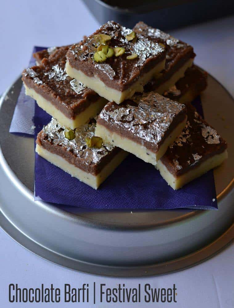 Chocolate burfi is one of the popular Indian festival sweet prepared during Diwali. It is a khoya burfi or mawa burfi recipe. Chocolate burfi is two layered burfi recipe, where the bottom layer is plain mawa layer and the top layer is chocolate flavored.