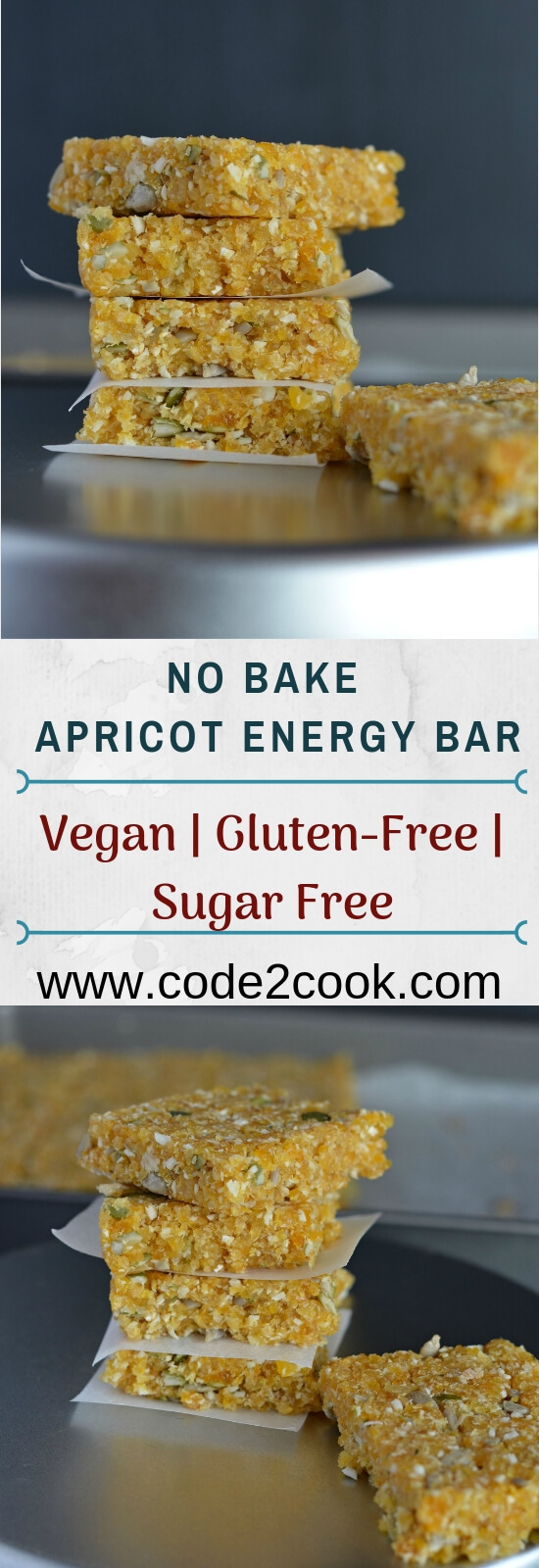 No bake apricot energy bar are prepared with apricots, almonds, oats, sunflower seeds, pumpkin seeds, and coconut. These are sugar-free, vegan, gluten-free, and dairy free. Being sugar-free these no bake apricot energy bars makes a perfect pre or post workout meal.