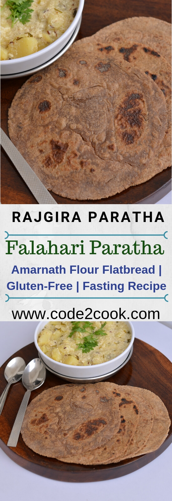 Amarnath flour paratha or Rajgira paratha is commonly used during Navratri fasting days in most Indian Kitchen. This is a gluten-free and vegan flatbread. Adding boiled mashed potato while making a dough with the flour, helps to make paratha or flatbread. This is very quick and easiest paratha recipe to make on fasting days or upvas. Such paratha recipe is also known as farali paratha or falahari paratha (phalahari paratha).