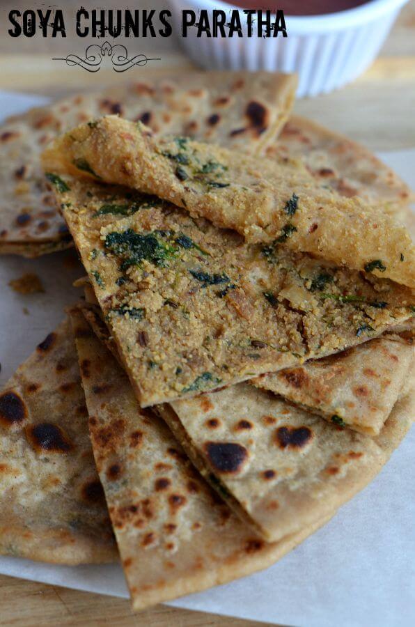 Soya chunks paratha is also known as Soya kheema paratha. Originally kheema paratha is an unleavened flatbread stuffed with spicy minced meat. Instead of meat, I used spicy soya chunks filling in paratha. Soya kheema paratha or veg kheema paratha is very tasty, high in nutritional values and a popular Indian breakfast.