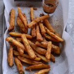 Farali french fries or vrat ke french fries are crunchy, crispy, and deep fried snack to make on fasting days. Perfect to have with tea and kids after school snack as well.