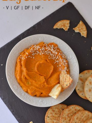 Carrot dip is a delicious, super healthy dip with crackers and veggies. This is a gluten-free, vegan, sugarfree, dairy-free and nut-free dip. This carrot dip is creamy, smooth and soft in texture, goes very well with any starters/appetizers or salad.