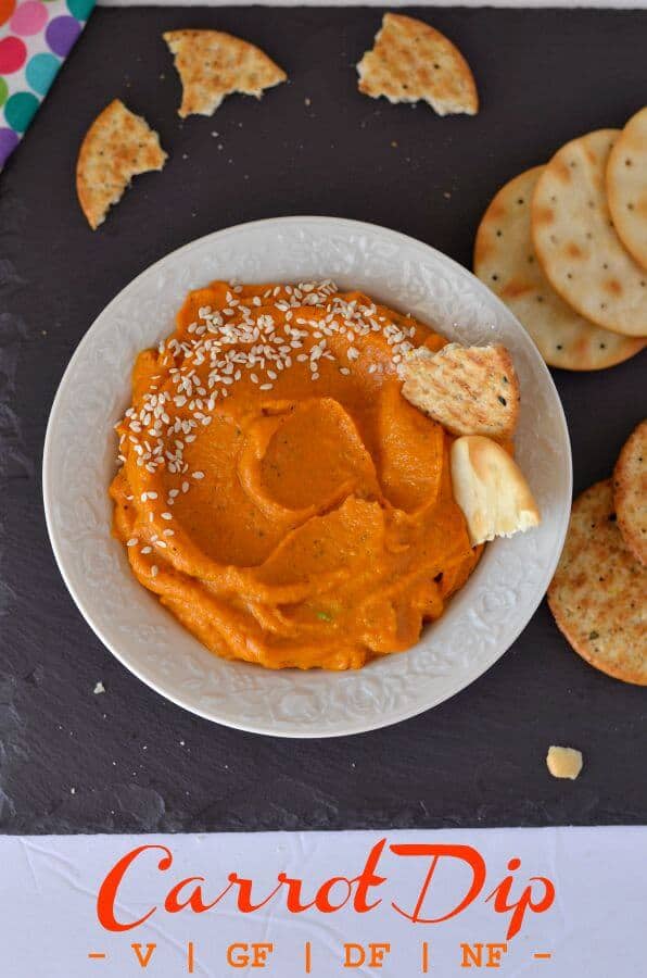 Carrot dip is a delicious, super healthy dip with crackers and veggies. This is a gluten-free, vegan, sugarfree, dairy-free and nut-free dip. This carrot dip is creamy, smooth and soft in texture, goes very well with any starters/appetizers or salad.