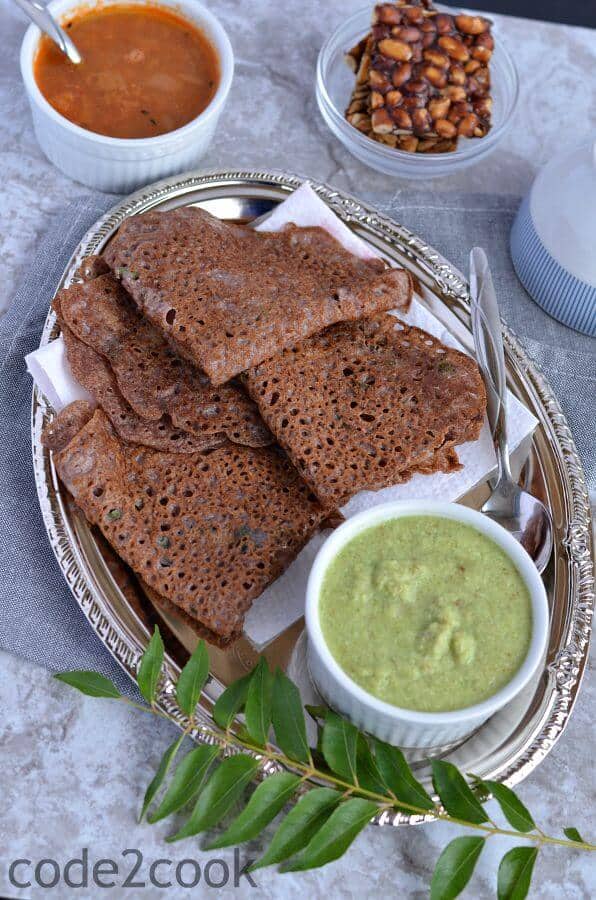 Ragi Rava Dosa is a quick and easy dosa recipe for breakfast, which requires no fermentation. This instant ragi rava dosa or crepe is made with ragi which is known as finger millet flour, rice flour, and semolina. Ragi rava dosa is a healthy, nutritious, quick Indian breakfast recipe. 