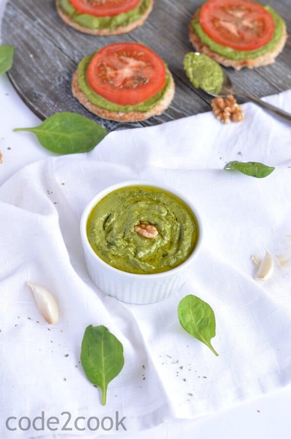Homemade spinach pesto is easy to make, and packed with the goodness of spinach, olive oil, and walnut. This Italian pesto is vegan & Gluten-free. This Spinach Pesto is made without permesan cheese.