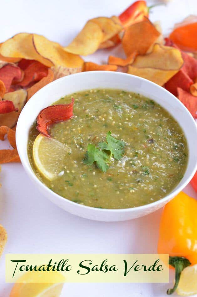 Tomatillo salsa verde is a fresh, healthy, dip made with roasted tomatillos. This dip is great for tortilla chips or veggies chips or with pita chips. Tomatillos salsa verde is easy to make at home, it takes only 30 minutes to make this tasty dip with just a few ingredients. It makes a perfect party appetizer or any meal starter recipe.