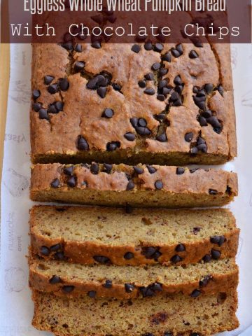 Eggless whole wheat pumpkin bread is soft, moist and easy to make bread recipe with chocolate chips.