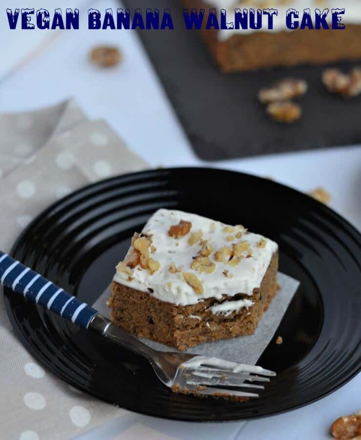 This vegan banana walnut cake is soft, moist and with coconut cream frosting on top. Made with whole wheat flour, spiced with cinnamon and chewy roasted walnut inside, this vegan eggless whole wheat banana cake is loved by all. Must say this is the best recipe to make an eggless banana walnut cake with whole wheat.