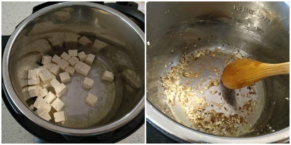 tofu is sauteed in oil and transferred to a plate. In the same pot cumin seed crackled and added ginger-garlic paste