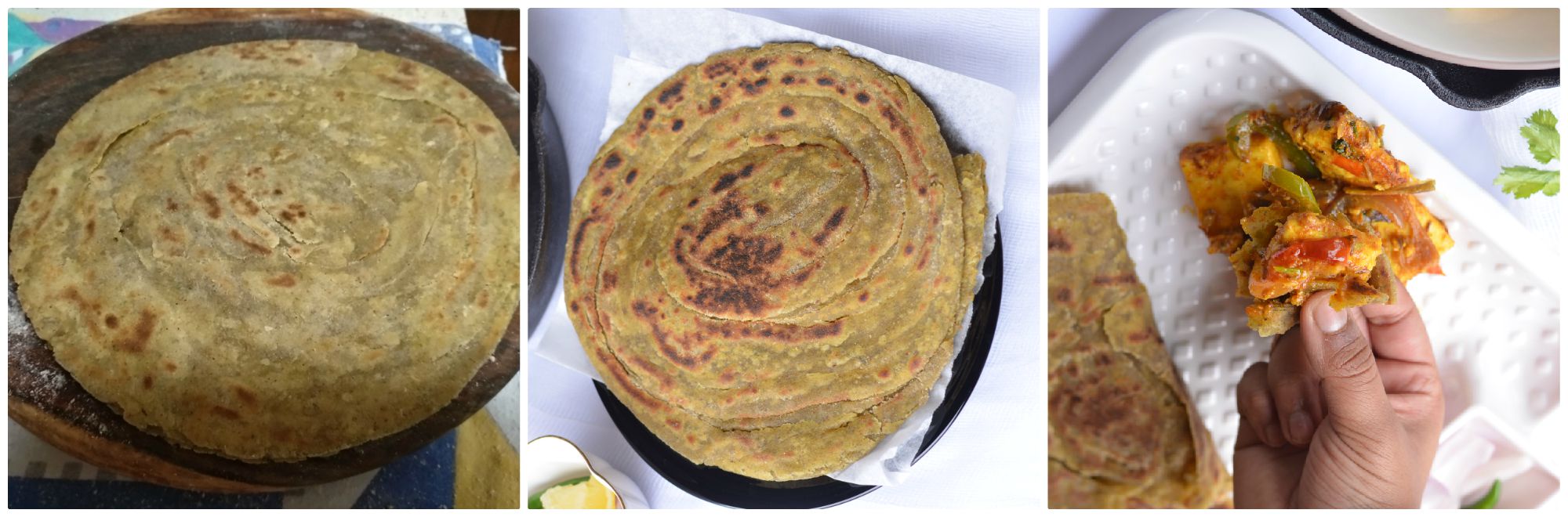 cooked pudina laccha paratha is clicked from top.