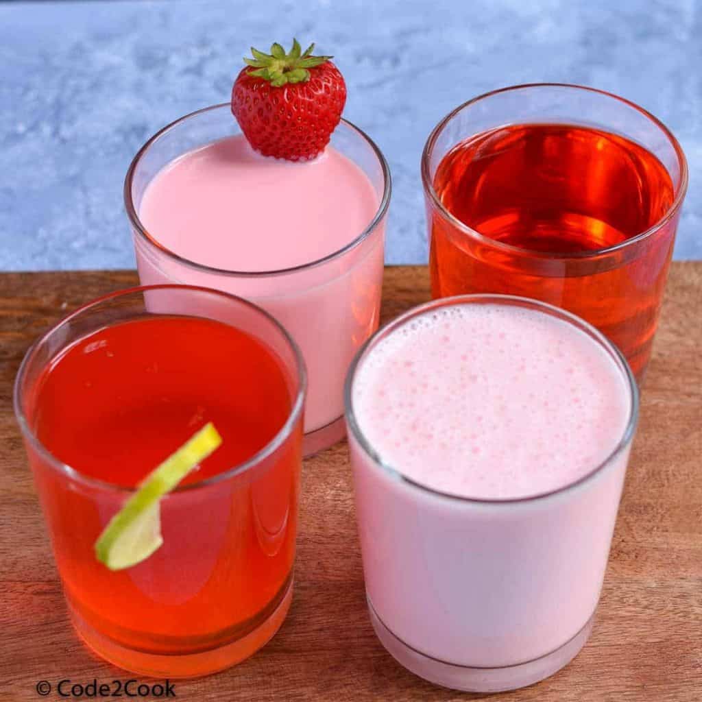 four types of rooh afza drink served in glasses.