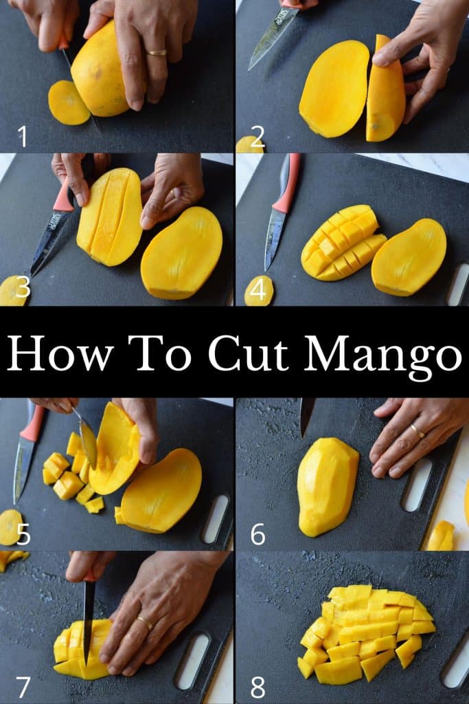 pictures shown step by step how to cut a mango