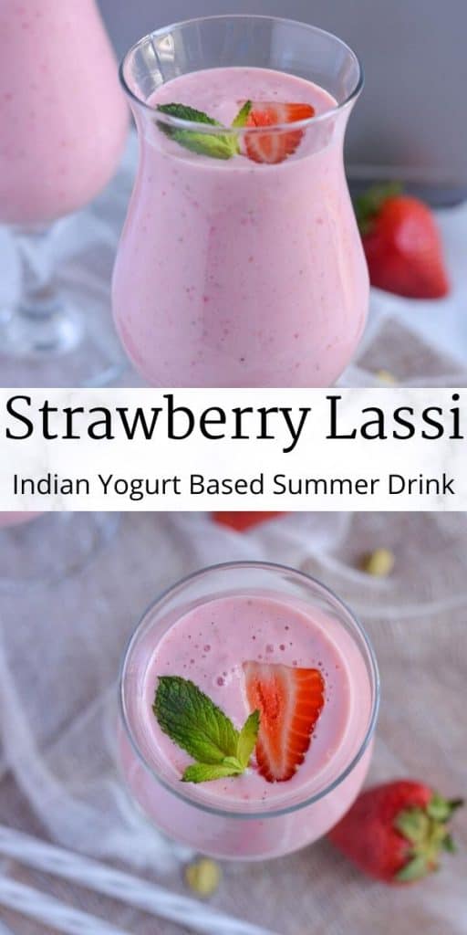 Strawberry lassi or strawberry yogurt smoothie is a fruity version of traditional Indian lassi. Learn how to make this delicious & refreshing summer drink strawberry lassi with 5 ingredients in just 5 minutes.